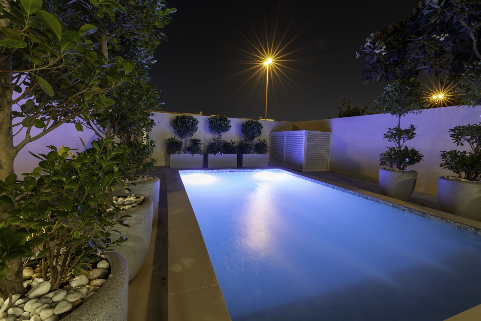 Lap pool illuminated at night, bordered by planted concrete pots and clipped trees