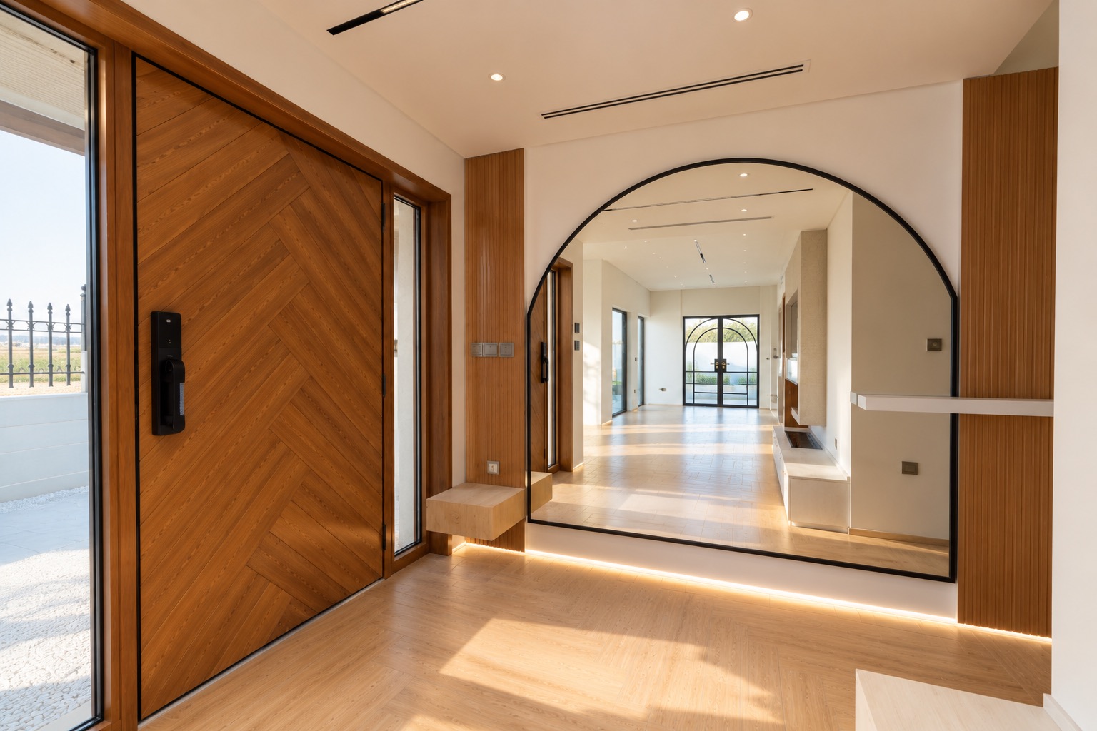 Entrance hall with chevron oak door, arched black steel opening and concealed lighting