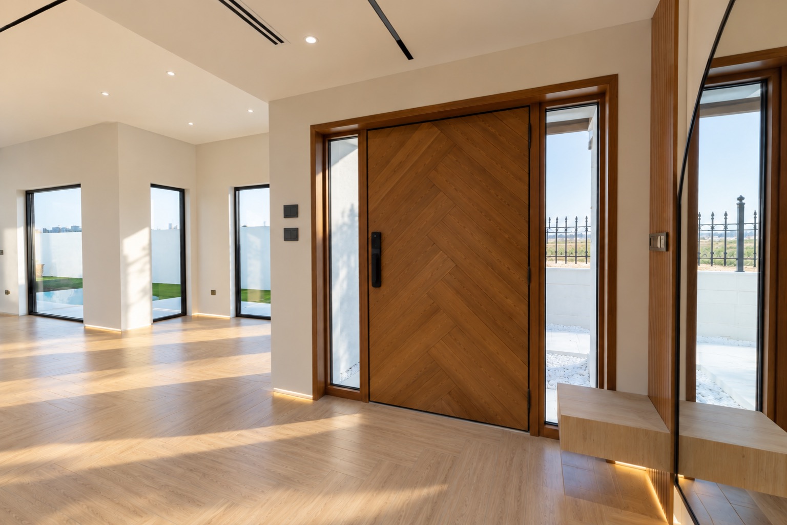 Chevron oak entrance door framed by glazed side panels and a lit oak bench