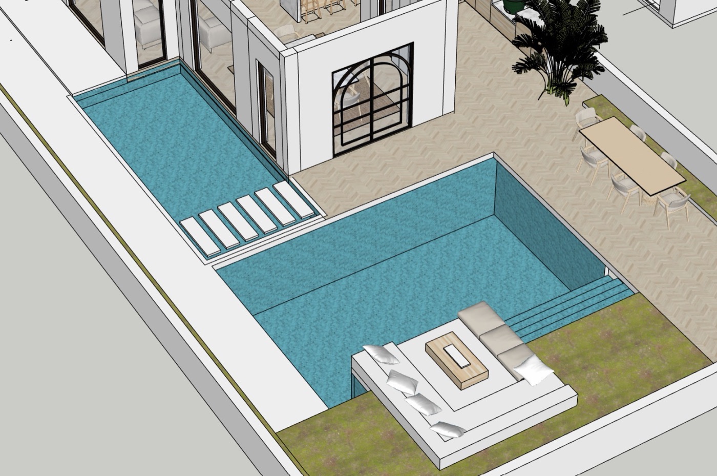 3D model of the garden showing two pools either side of a raised lounge terrace